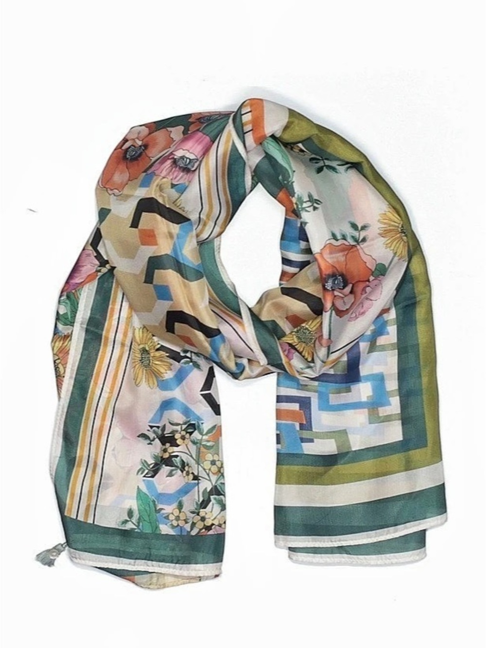 Johnny Was Silk Geometric Print Scarf in Green & Blue Like New